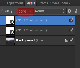 Reduce opacity of the top most 3D LUT Adjustment Layer